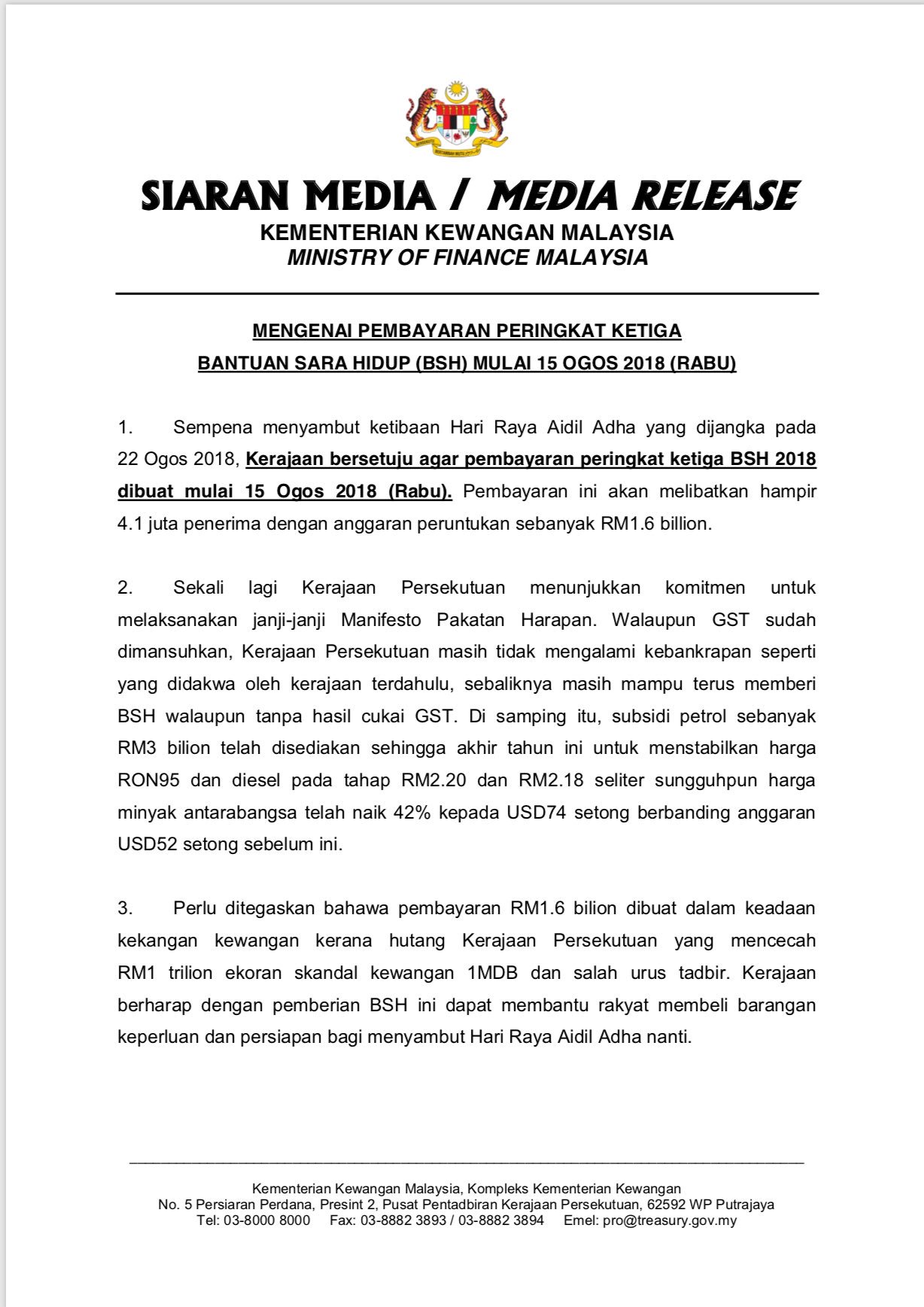 Ministry Of Finance On Twitter Pembayaran Peringkat Ketiga Bantuan Sara Hidup Bsh Mulai 15 Ogos 2018 Rabu Kepada Hampir 4 1 Juta Penerima Dengan Peruntukan Sebanyak Rm1 6 Billion Sayangi Malaysiaku Https T Co 6dsoizg7f2