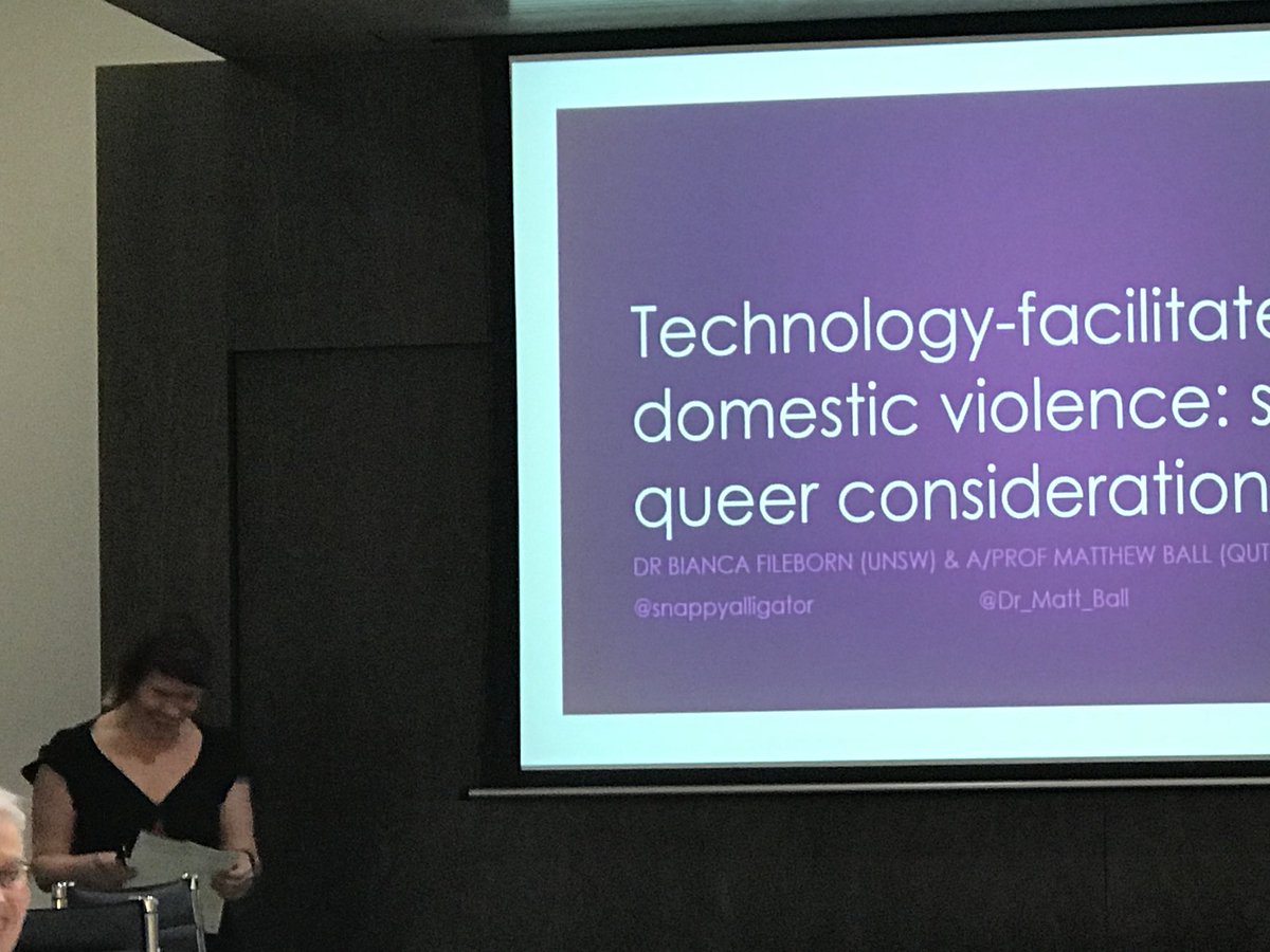 DrBridgetHarris's tweet photo. Next up our in our ‘emerging issues’ panel are @snappyalligator of @UNSW and @CrimeJusticeQUT @qutlaw @Dr_Matt_Ball on #tech #domesticviolence and queer considerations. They note v little work in this field #DVTech18 https://t.co/IVdIkvhDxt