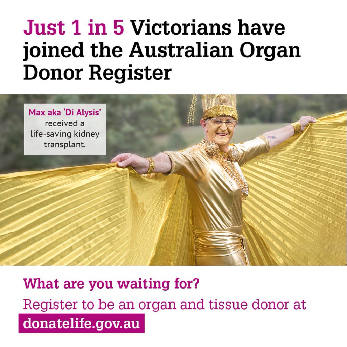 VicHealth's tweet image. 70% of Victorians support organ donation, yet only 1 in 5 has registered. It takes less than a minute online: Head to donatelife.gov.au #donatelifeweek #endthewait