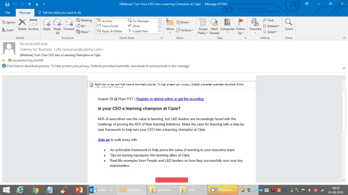 hemalakshmit's tweet photo. Would have easily missed this mail from @udemy But the word Cipla caught my attention. What an amazing #personalization Power of #ArtificialIntelligence How much are we leveraging this in driving our learning agenda? #LearningNDevelopment https://t.co/90wEZdGByP