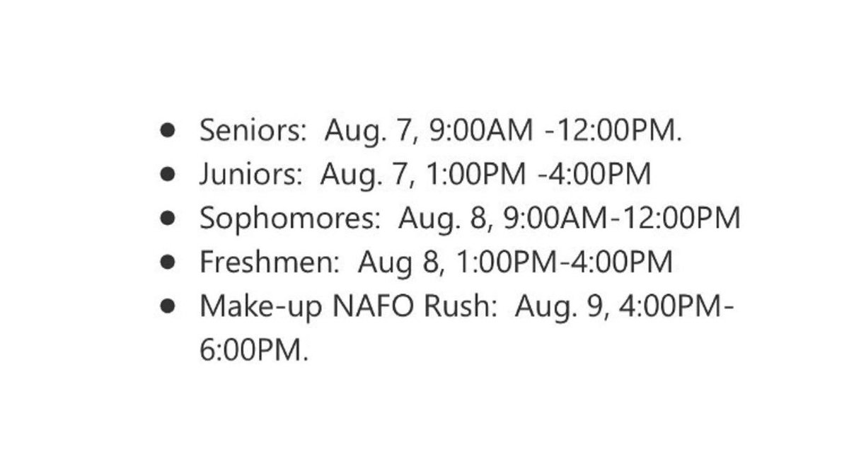 nfhs_official's tweet photo. Updates: 
•Schedules for the 2018-19 school year are available on Parent Portal.
•Student rush is QUICKLY APPROACHING check the below to see when your according day and time.
•Don’t forget homecoming will be much earlier this year than usual, check below for the save the date! https://t.co/bnOAemd9UH