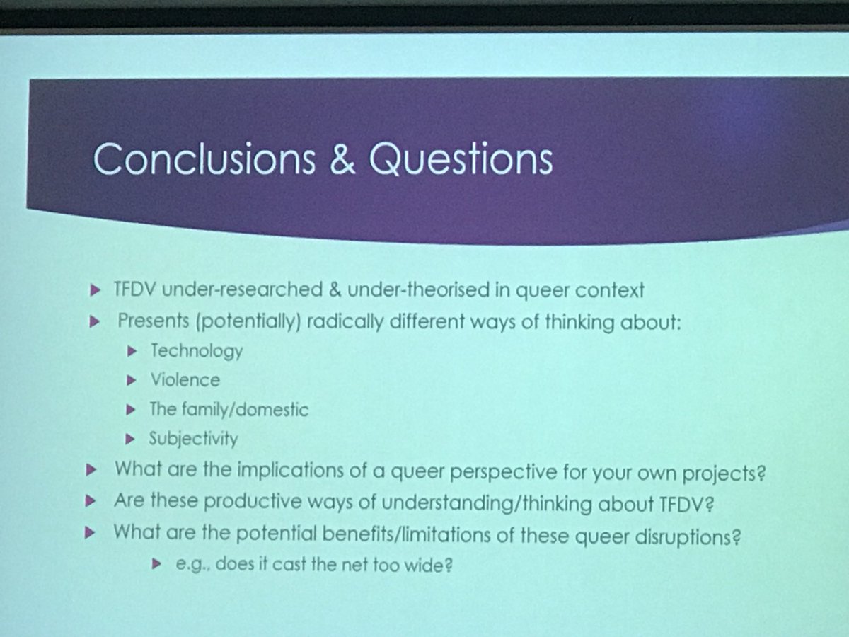 DrBridgetHarris's tweet photo. We need more research and theorising re queer experiences of #tech #DomesticViolence including re understandings of what tech, violence and the family / domestic mean; considering implications of queer experiences - @snappyalligator @Dr_Matt_Ball #DVTech18 https://t.co/h9VknPSIwc