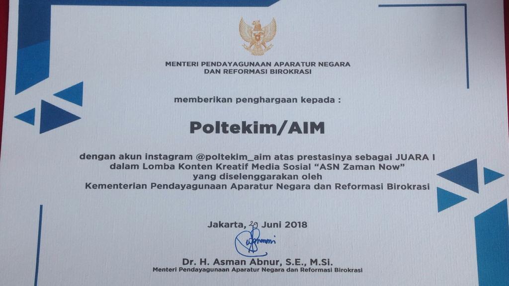 ditjen_imigrasi's tweet photo. Selamat ya @poltekim_aim yang berhasil memenangkan Lomba Konten Kreatif Media Sosial ''ASN Zaman Now''

Mido ikut seneng deh
😊

#DitjenImigrasi #Imigrasi https://t.co/wzNrZuw8Sa