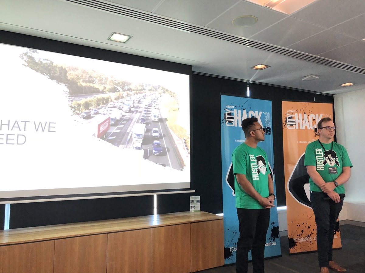 AECOM's tweet photo. Great ideas coming from the first three teams about improving traffic congestion, travel times and incident response times for #Brisbane commuters using smart technology. #CityHack18 @TMRQld https://t.co/SkFTqVeFAG