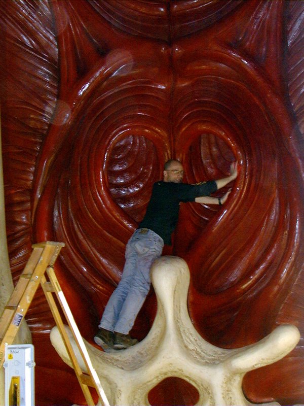 Guests ascended into the bodies through an escalator at the knee, going past a gigantic beating human heart. Yknow, in the knee. (also, here's a WIP shot of the ribcage it resided in).