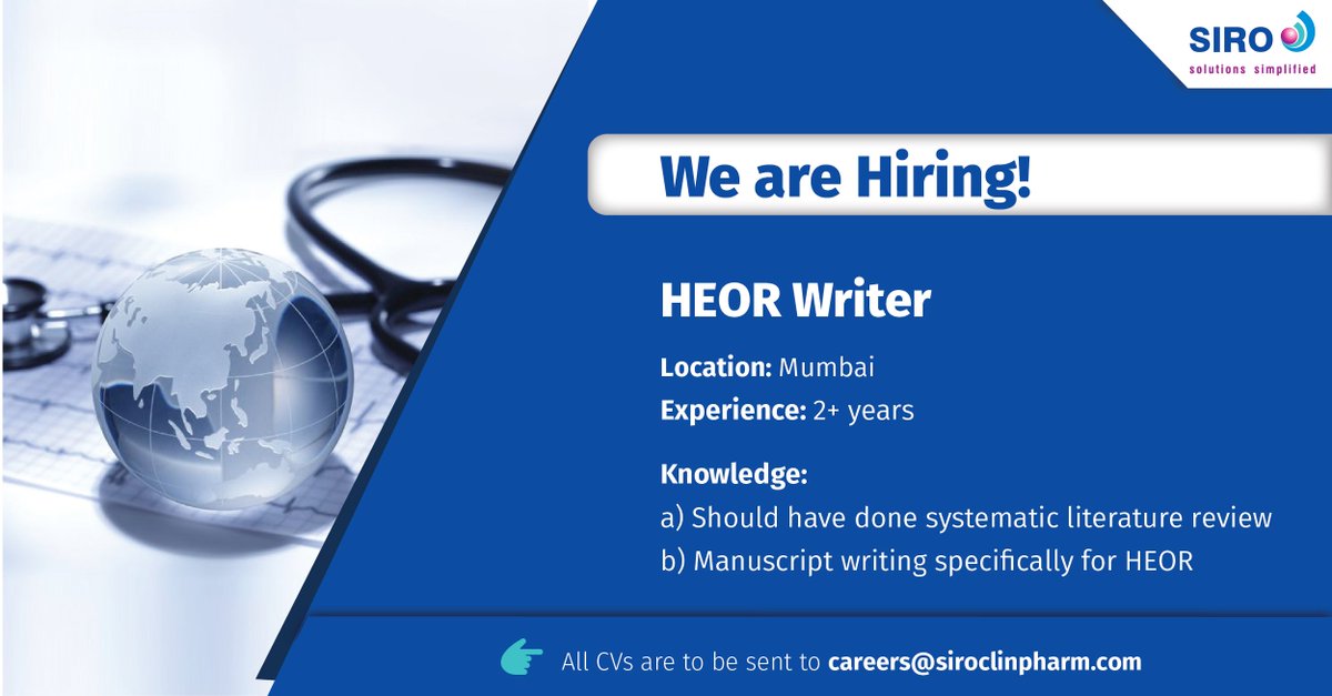 SIROClinpharm's tweet photo. Development of publications that incorporate clinical and HEOR data plays an important role in the commercial aspects of healthcare delivery and in helping deliver value to patients. Join SIRO's HEOR team if you have a passion for writing! #HEOR #clinicalresearch https://t.co/6lSbFVNgj5
