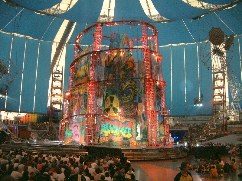 The show utilized wire acrobatics, massive flame jets, and culminated in building a tower from the earth to the sky, made of giant graffiti chunks of concrete. Guests complained that the show's plot was barely coherent, and judging from footage, I have to agree with them.