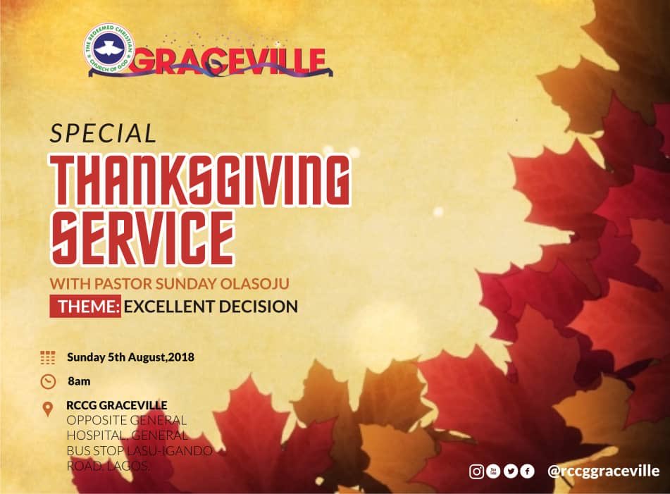 rccggraceville's tweet photo. TGIF..thank God for the week, we are looking forward to you joining us this Sunday for a special thanksgiving service themed “Excellent Decision” with Pastor @olasojusunday
Block your Calendar for 5th of August, 2018.
#ExcellentDecision
#RCCGGraceville
#FortifiedByGrace https://t.co/8jqkW7rJPJ
