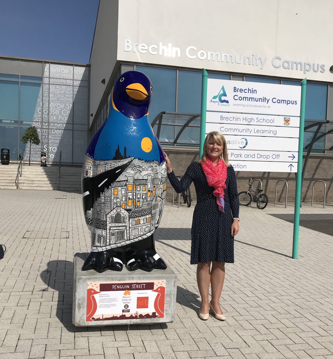 Kirstene with a penguin outside Brechin Community Campus - her old high school!