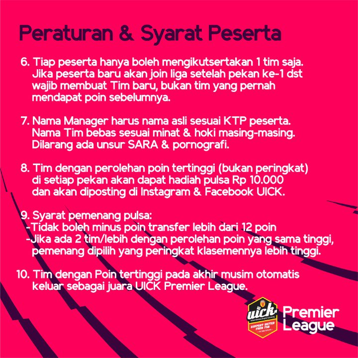 Peraturan &amp; syarat Peserta UICK Fantasy Premier League 2018/2019: