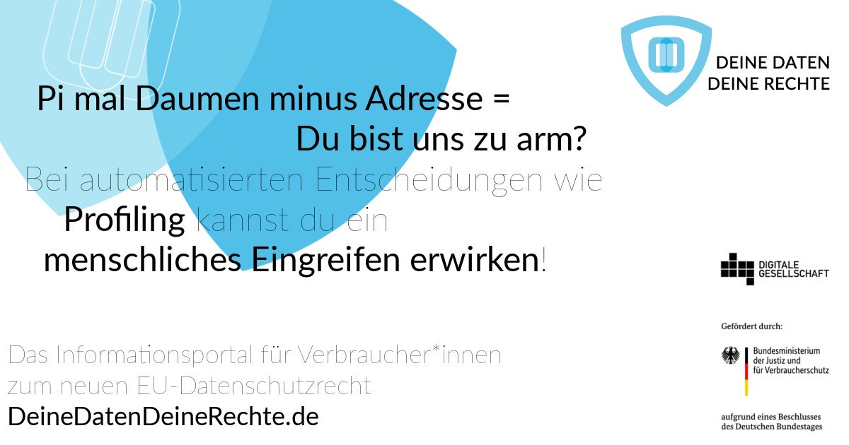 #Scoring: Du kannst fordern, dass ein Mensch in automatisierte Entscheidungen eingreift.

#DSGVO #DeineDatenDeineRechte

Mehr zum Thema:
📺Erklärfilm youtu.be/-zp_shl-NQo
📒Text deinedatendeinerechte.de/themen/datensc…
📝Musterschreiben deinedatendeinerechte.de/themen/datensc…
🕹️Spiel dataclash.de