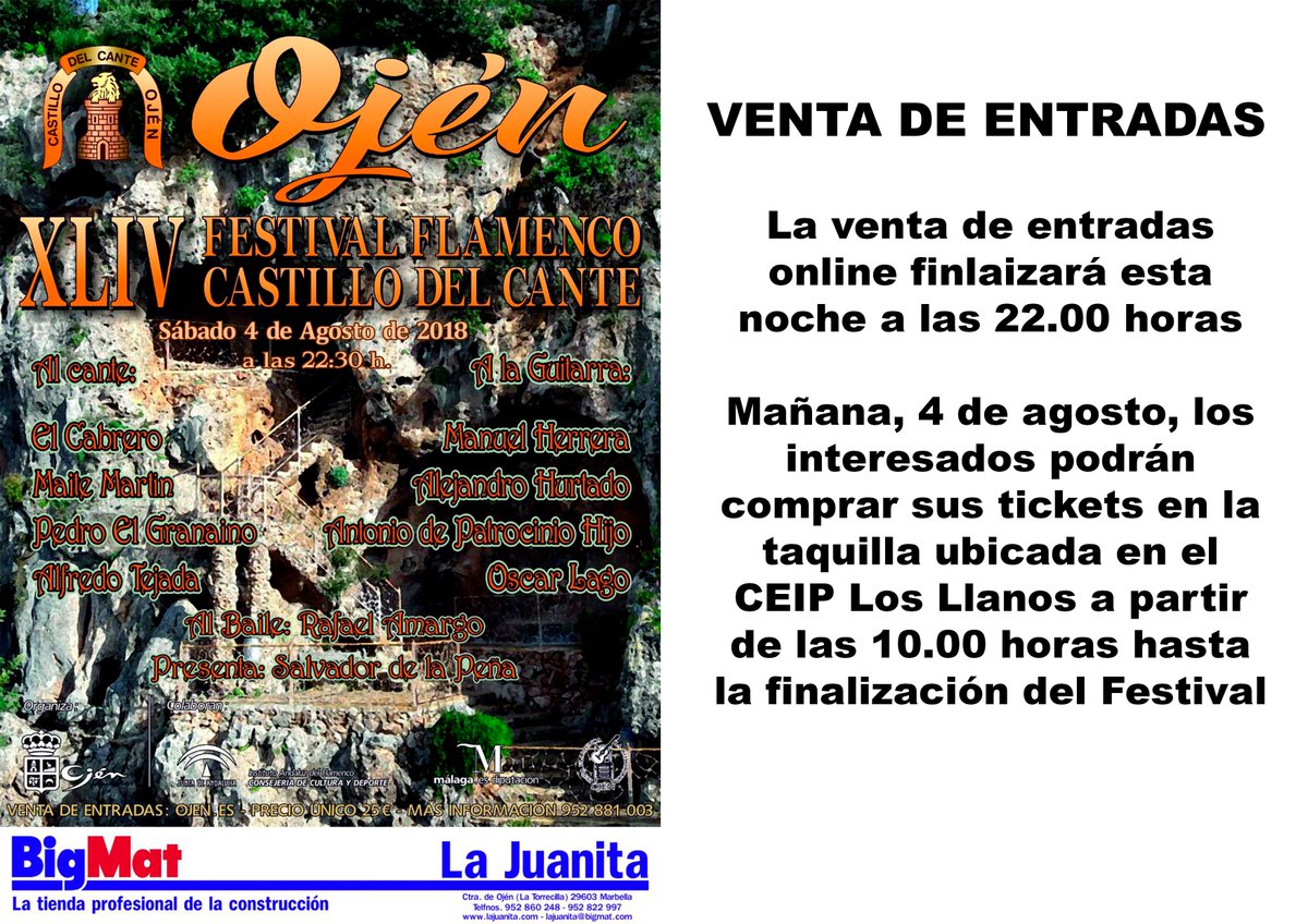 Hoy a las 22.00 horas termina la venta online, así que si quieres comprar tus entradas... ¡date tu prisa!

Mañana desde las 10.00 horas se venderán en la taquilla del colegio Los Llanos

#Ojén #FestivalFlamenco #CastillodelCante