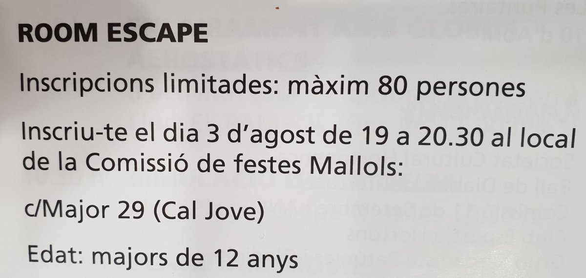 stllhortons's tweet photo. Avui, 3 d'agost de 19.00h a 20.30h #Inscripcions del #Room Escape de Festa Major  #FMMajor2018  #Inscipcions  #voluntaris @ComMallols
Traducir Tweet https://t.co/lOGzfow4FD