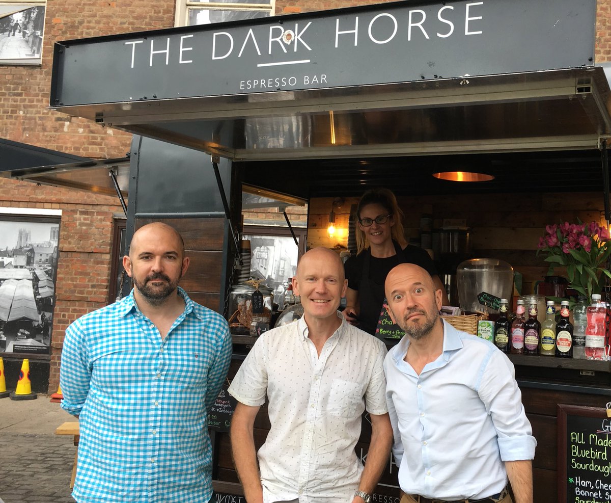joefattorini's tweet image. My brothers and I have discovered York’s best coffee stop #thedarkhorseyork and it’s run by a sort-of-distant-cousin Mark and Laura (looking on the background) #ShamblesMarket