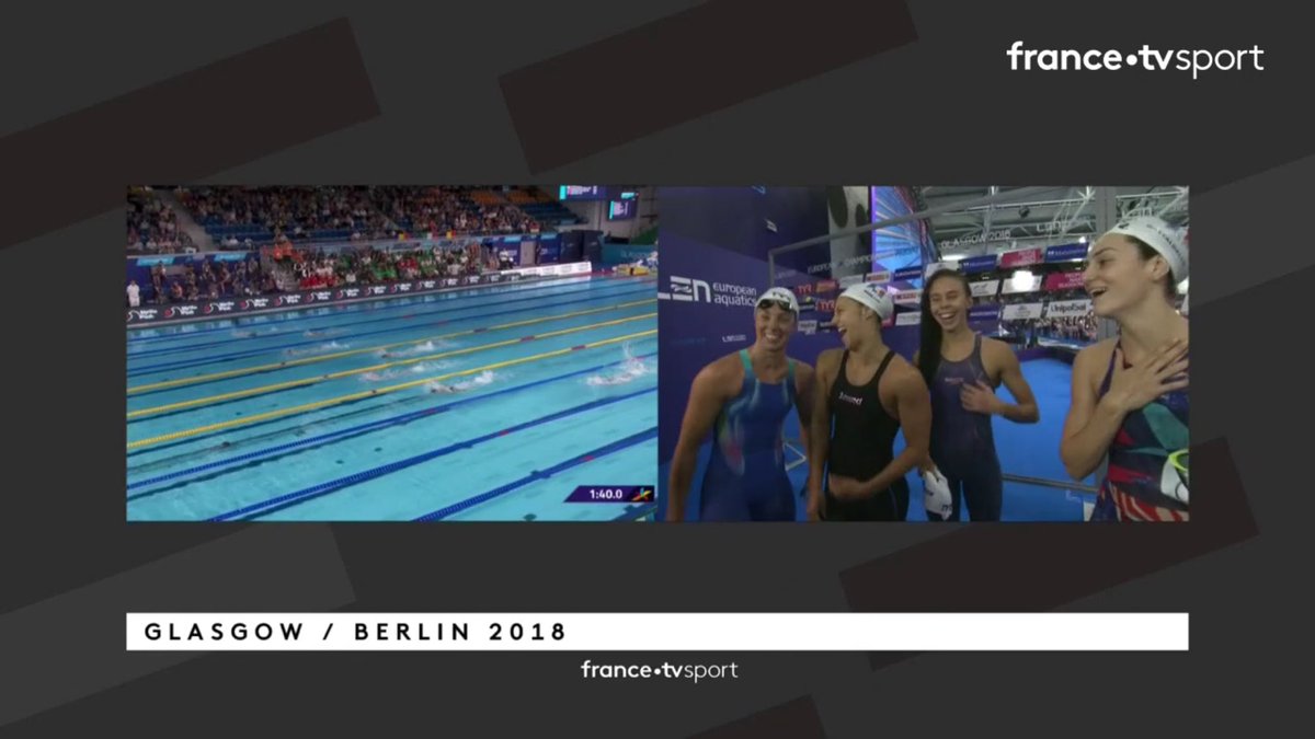 sportsF3CA's tweet photo. #Glasgow2018 #Euro_Champs #Natation #FFN 🇫🇷 🏊🏻‍♀️ L'équipe de France de relais 4x100m avec @AnouchkaMartin (55"33) a pris la 1ere place de sa série et le 3e temps au total et se qualifie pour la finale ! Départ prévu à 19h01 ! 
📷 : #FranceTvSport https://t.co/fa0QxzNWLF