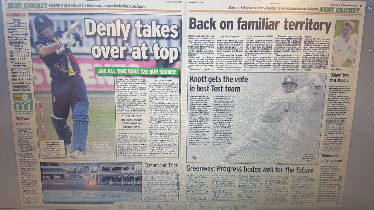 Five pages of comprehensive cricket coverage in today's <a href="/KentishGazette/">Kentish Gazette</a>: interviews with <a href="/joed1986/">Joe Denly</a> <a href="/MStoinis/">Marcus Stoinis</a> <a href="/mattwalker275/">Matt Walker</a> &amp; <a href="/KentWomensCrick/">Kent Women's Cricket</a> coach <a href="/lydiagreenway/">Lydia Greenway</a> as well as all the local club news and reports