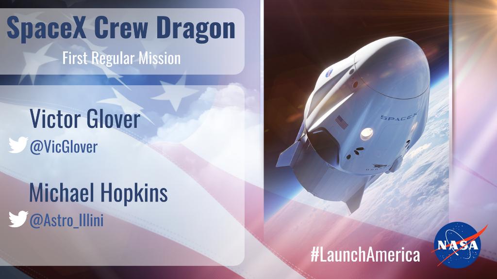 The first regular mission of @SpaceX’s #CrewDragon spacecraft will carry @VicGlover & @Astro_Illini to the @Space_Station where they will live & work before returning home to Earth: https://t.co/HHS69SwXub https://t.co/LwYIoJIohq