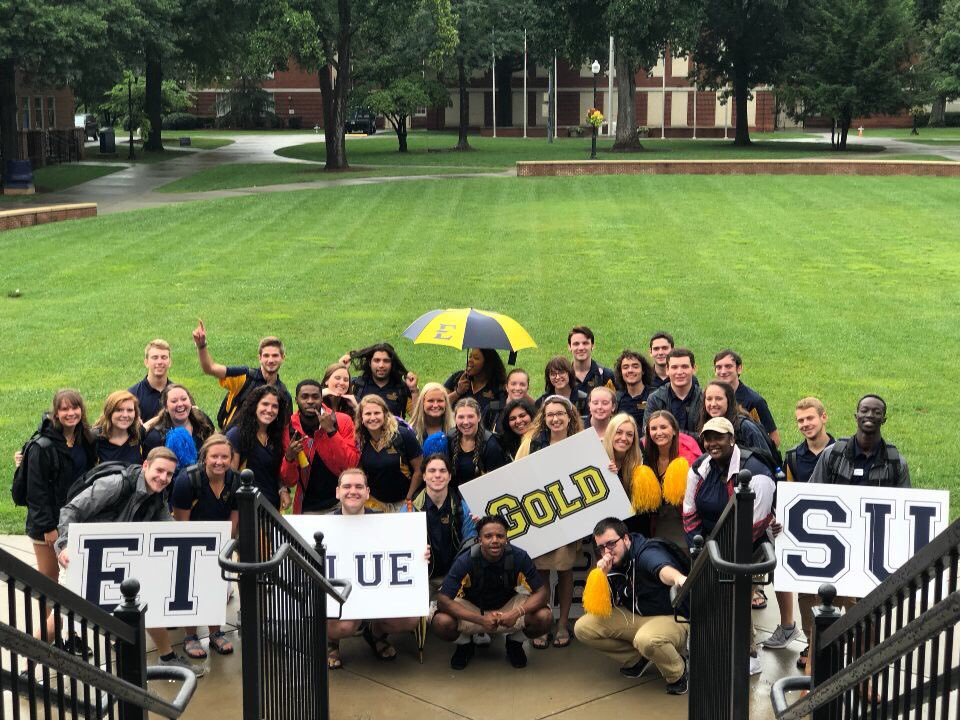 ETSUNewBucs's tweet photo. It’s the last orientation of the year! Our OL’s are excited to be here and to see all the new Buccaneers! We won’t let a little rain spoil the fun! #ETSU #ETSU2022 #ETSU22 #ETSUNewBucs https://t.co/P1AF0LshSw