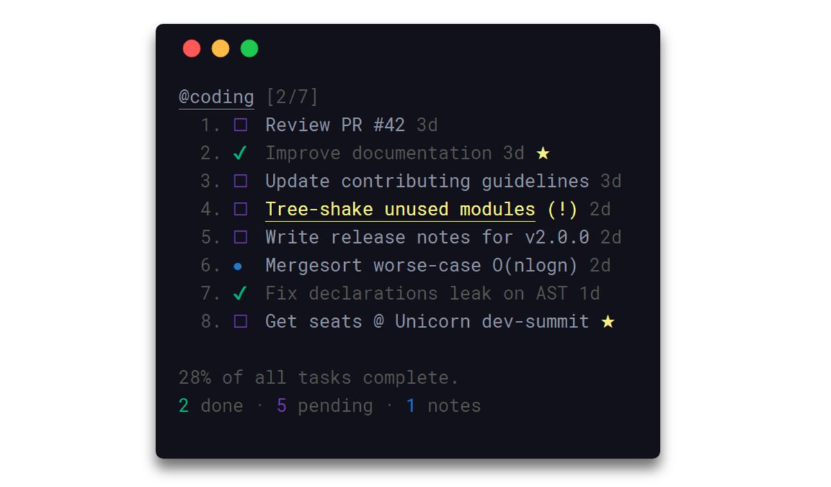 JavaScriptDaily's tweet image. Taskbook: Command-Line Tasks, Boards and Notes Manager - github.com/klauscfhq/task… (Manage lists and tasks right from the terminal.)