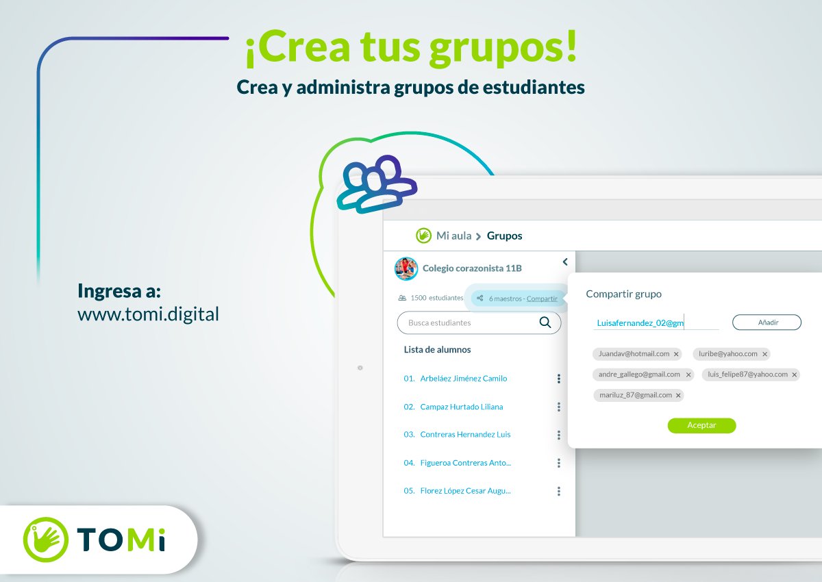 ¡Crea tus grupos!
Crea y administra grupos de estudiantes, define su perfil, comunica las últimas novedades y comparte con otros maestros todo en un solo espacio.
Regístrate GRATIS en tomi.digital