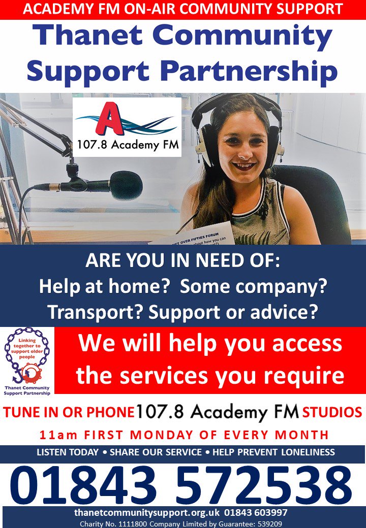 Help prevent loneliness in Thanet
DO YOU KNOW SOMEONE IN NEED OF:
Help at home?
Some company?
Transport?
Support or advice?
LISTEN <a href="/academyfmthanet/">107.8 Academy FM</a> Monday 11am 
WE WILL HELP YOU ACCESS THE RIGHT SERVICE
#BeSomeonesRock
<a href="/IsleThanetNews/">Isle of Thanet News</a> <a href="/LoveMargate/">Love Margate</a> <a href="/LoveRamsgate/">LoveRamsgate</a>  #Thanet #margate