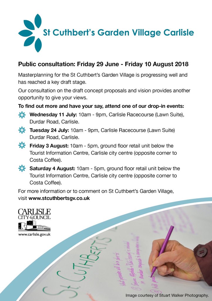 Don’t got to join <a href="/CarlisleCC/">Carlisle Calametti</a> Join this Friday and Saturday (3 and 4 August) at our #StCuthbertsGV consultation events. Come along, find out more and have your say. 

Friday 3 Aug: 10am-5pm and Saturday 4 Aug: 10am-5pm, below @CarlisleTIC

stcuthbertsgv.co.uk/GET-INVOLVED