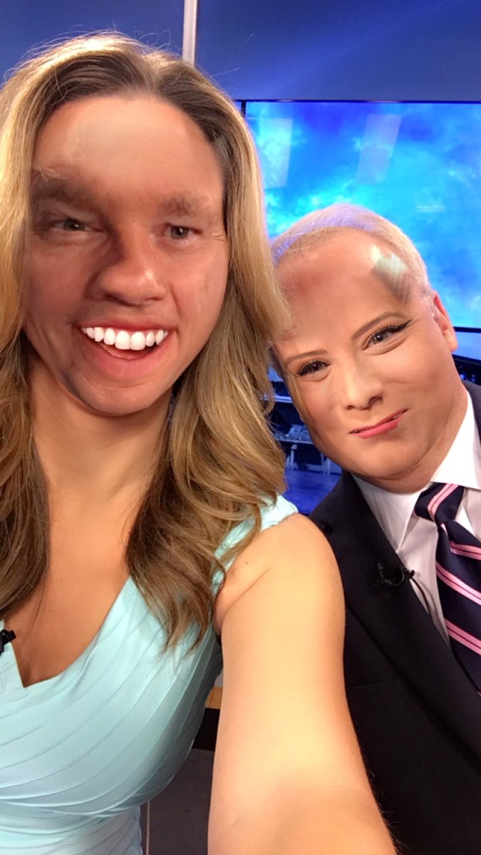 PrisMTorres's tweet photo. Good Morning South Texas! Oh, and Happy Friday! @mgillaspia and I #FaceSwapped this morning... and we do NOT look good! ๐ His eyebrows look nice though ๐๐ปโโ๏ธ @KRIS6News https://t.co/RZLqcV8gAC