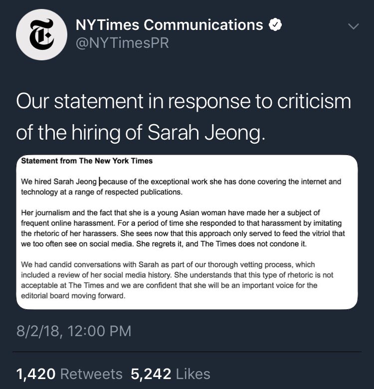 JasonXcurtis's tweet photo. A play about racist double standards in 2 acts: 

#SarahJeong https://t.co/H1dLujYFyM