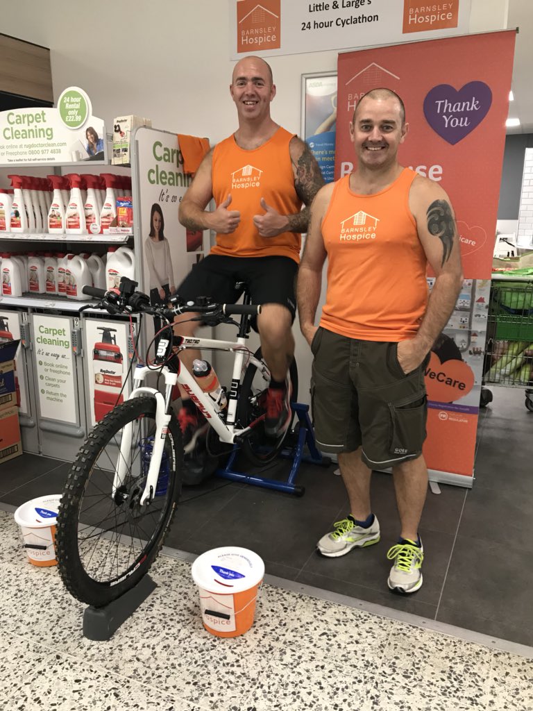 asdabarnsley's tweet photo. Today in Asda Barnsley Gavin &amp; Steve are doing 24 hrs cyclethon raising money for  Barnsley Hospice https://t.co/1w2BlQc3HX