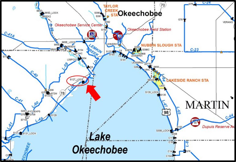 SFWMD's tweet image. NAVIGATION NOTICE: conta.cc/2AEq7YW | The S-127 navigation lock at Buckhead Ridge is scheduled to be closed to boat traffic entering and leaving Lake Okeechobee from Aug. 13 to Aug. 22.
