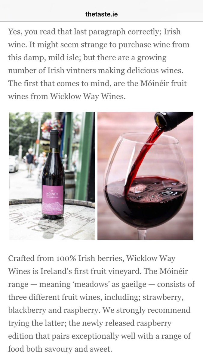 Thanks <a href="/WinesOnTheGreen/">Wines On The Green</a> for the wonderful write up on <a href="/Thetaste_ie/">TheTaste.ie</a> of new &amp; exciting products to enjoy this Bank Holiday Weekend, including our raspberry #IrishWine 🍷 

Do tag us if you pick up a bottle (€24.99) to enjoy - lovely now the temperature has taken an upward turn 🌞