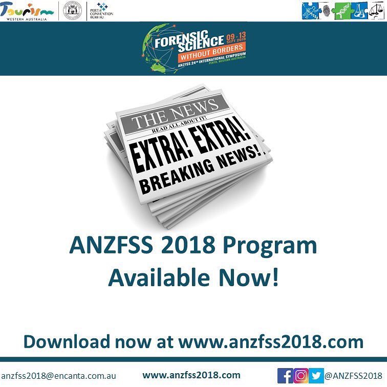 ANZFSS_WA's tweet photo. The #ANZFSS2018 program has now been released! Don’t miss out on this fantastic scientific program, register to attend today! #anzfss #forensics #forensicscience #conference #symposium #programrelease #checktheschedule #stilltimetoregister #excitingtimesahead #36daystogo https://t.co/tBkRzzpa6b