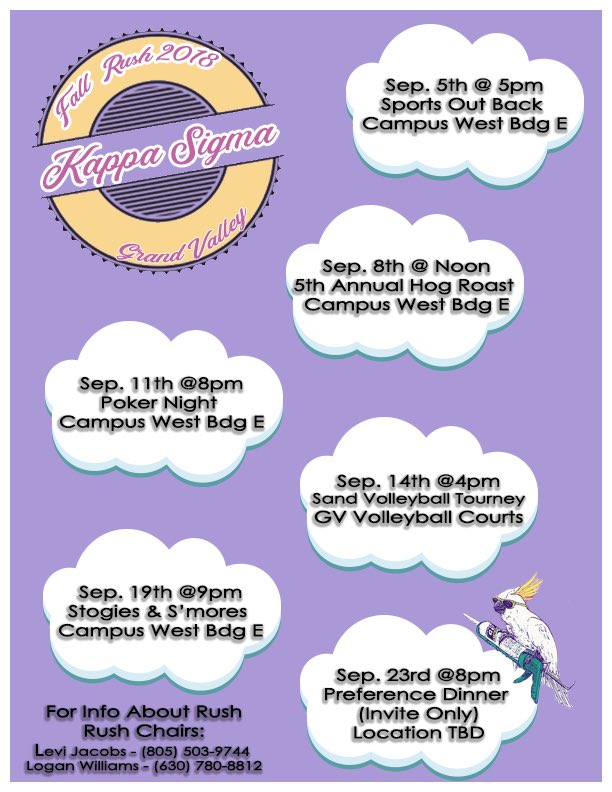 KappaSigGVSU's tweet photo. Kappa Sigma Fraternity
Fall Rush 2018 - 

Take a walk on the wild side and Rush the most preferred Fraternity in the world 🤙🏼 

#RushSZN #Champions #GVSUBound #gvsumovein 

(Updated Schedule) https://t.co/0dwLXnFDLh