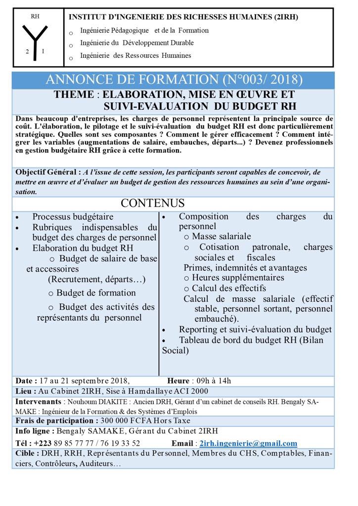 Formation:Élaboration.pilotage ,suivi-évaluation du Budget RH