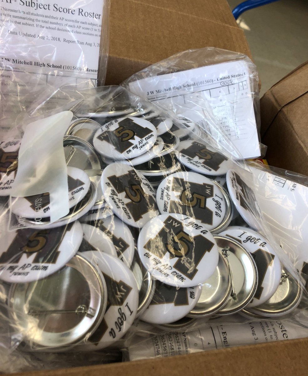 JWMHS_cortier's tweet photo. AP buttons are all packaged and ready to be handed out to those who got a 5!  226 students will be receiving one or more buttons this fall!! #FivesNeverStop #BuiltForAP https://t.co/WPlmOLGdtn