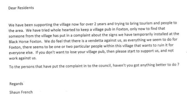 Owner of @TexasFoxton writes open letter to Foxton villagers after some complained about signs, which he's now been ordered to take down