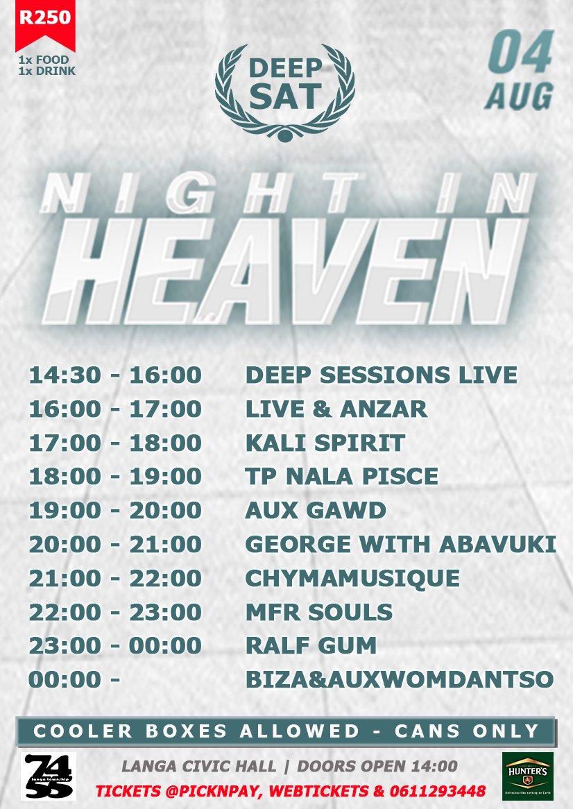 deep_saturday's tweet photo. DEEP HOUSE SATURDAY. Tomorrow in CPT featuring @RalfGUM @Chymamusique & @mfr_souls
Be sure to pull tgrough in masses. Indoor ALL VIP (Lounge-setting) Experience.
#04Aug #DeepSat https://t.co/V0Tu5OzAzt