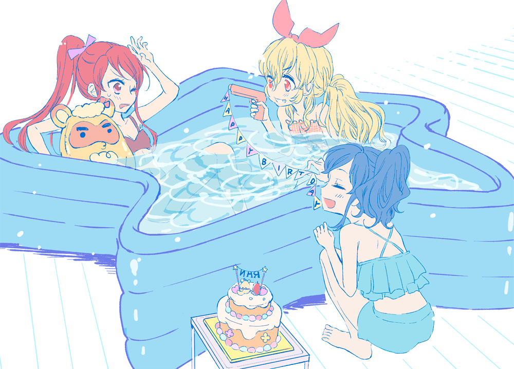 hoshimiya ichigo ,kiriya aoi multiple girls 3girls blue hair blonde hair ponytail wading pool red eyes  illustration images