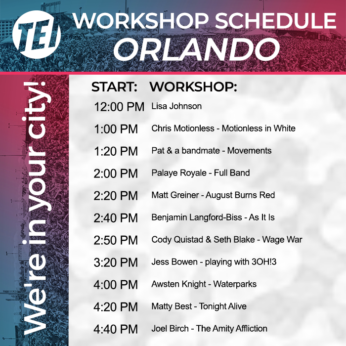 thinktei's tweet photo. Orlando!! It's your turn! 
Today our TEI tent is by the Journeys Right Foot stage by 3OH!3. 
Check in for your workshop 10 minutes before the start time by the blue TEI flags by the Korner Stage on the sidewalk beside the stadium. https://t.co/5eE3ARbgmh