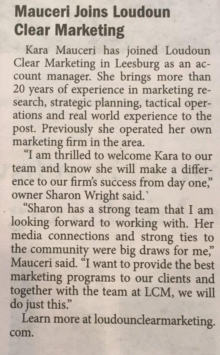 We're thrilled to announce that Kara Ann Mauceri has joined our team! Welcome, Kara!
Plus it made the news in Loudoun Now!

#LCM #LoudounClearMarketing #WereGrowing #LCMintheNews