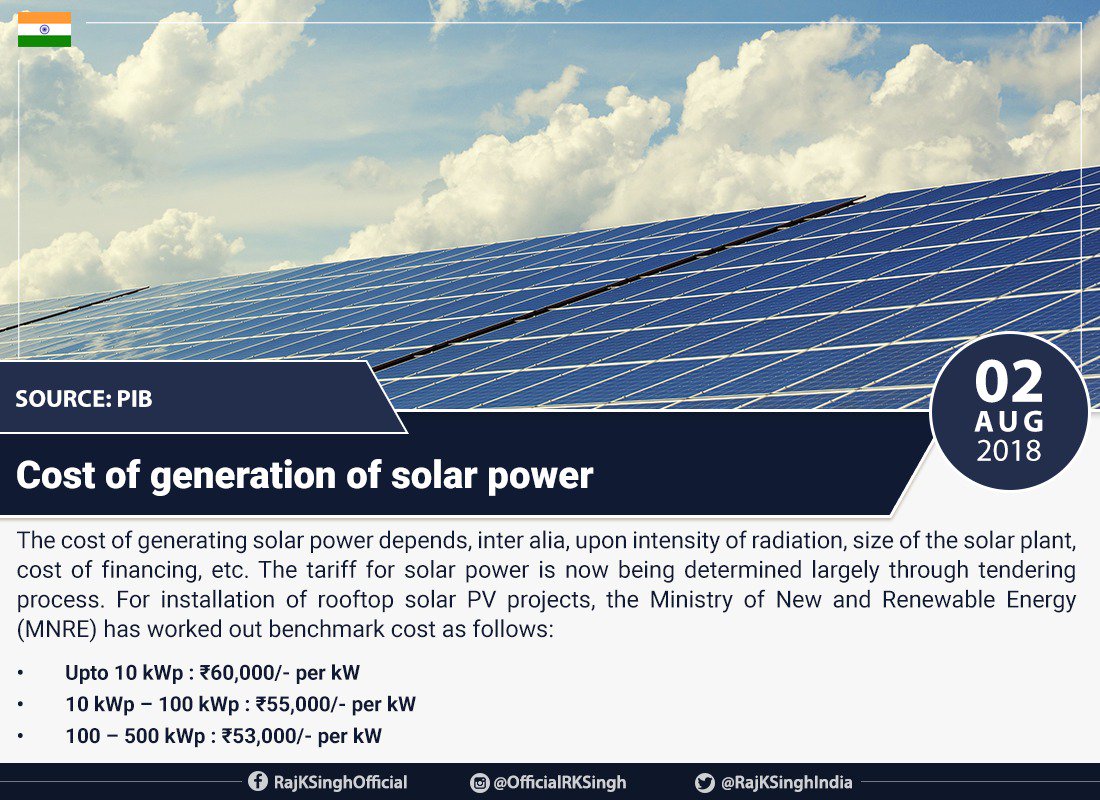 Read my reply to a question in Lok Sabha, on how tariff for solar power is determined and what are the factors responsible for setting a benchmark cost. pib.gov.in/PressReleseDet…
