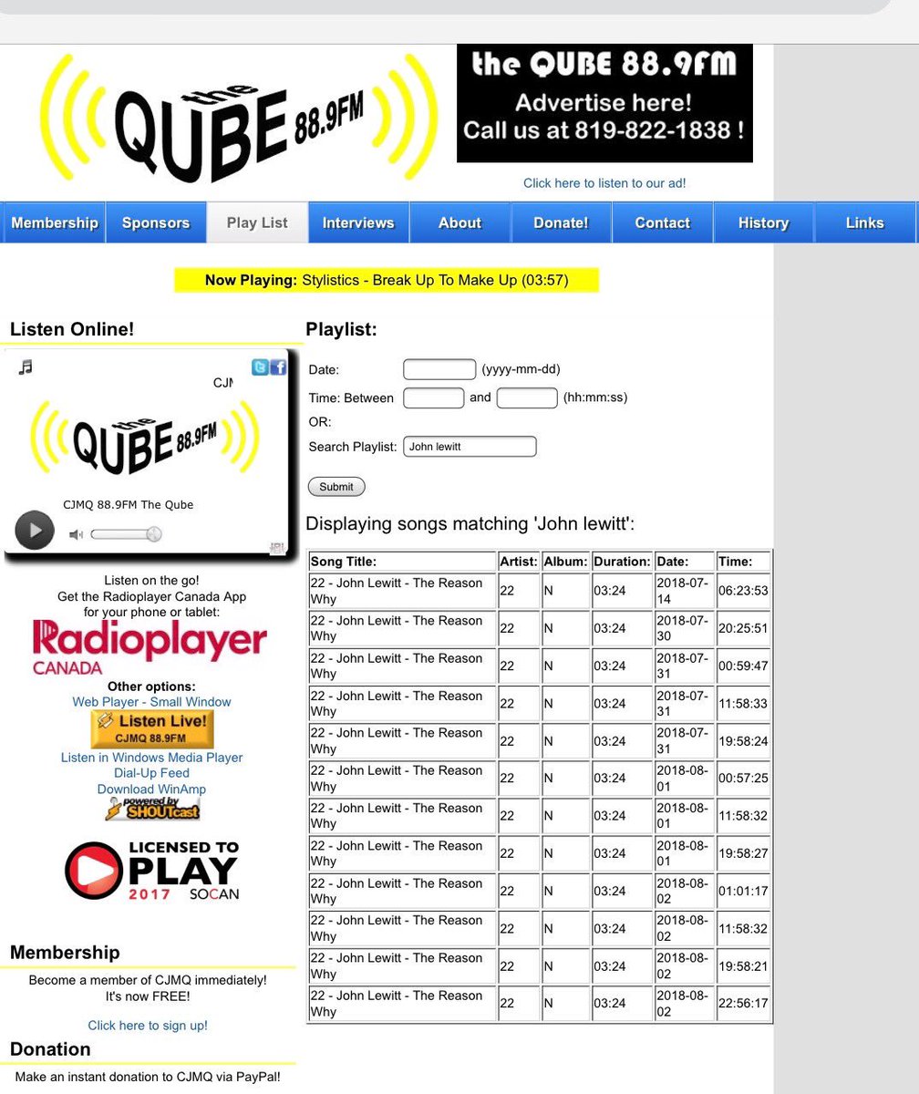 jmlewitt's tweet photo. 11 spins of my song ‘The Reason Why’ in the past 4 days. Thanks CJMQ-FM for the continued support! #cjmq-fm https://t.co/QsLd1JTW5k
