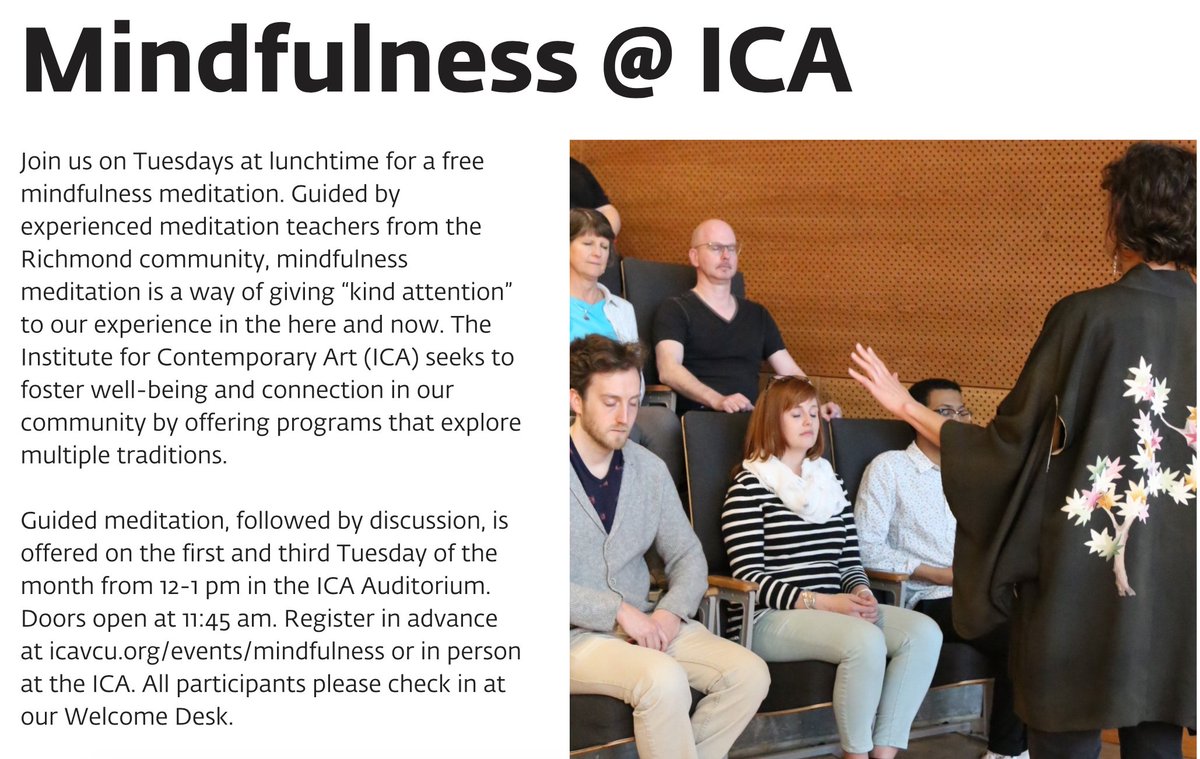 VCUCOBE's tweet photo. Join us for our next Lunchtime Mindfulness @ICAVCU on Tuesday 8/7 from 12 - 1 p.m.! The guided sessions are led by experienced mindfulness instructors from the RVA community. Join us just for the 30-minute meditation session or stay for discussion after. Free &amp; open to the public https://t.co/lrZWsrTPih