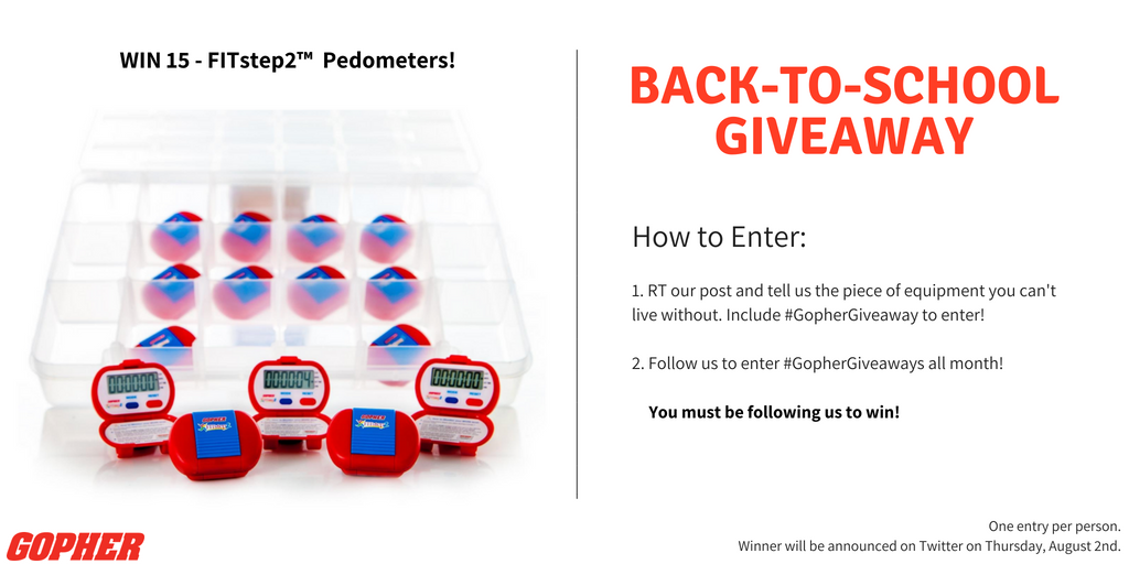 GopherSport's tweet photo. Throughout the month of August, we will be hosting #GopherGiveaways! Win 15 FitStep™ 2 Pedometers by RT this post with the hashtag #GopherGiveaway. Don't forget to include the piece of equipment you can't live without! Good luck! #PhysEd #ElemPE #PE https://t.co/9laSUAEHAG