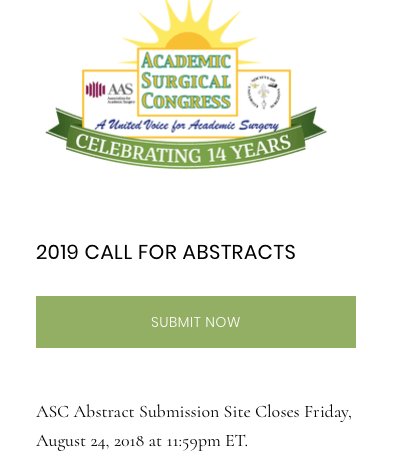 Adil Haider (@adilhaidermd) on Twitter photo THRILLED to announce that <a href="/AcademicSurgery/">Assoc4AcademicSurgery</a> <a href="/UnivSurg/">Society of University Surgeons (SUS)</a> have created special registration category for ACTIVE DUTY Military Surgeons at Annual Academic Surgery Congress #ASC2019. Discount rate $270 vs. onsite dues of $740! A small token to appreciate <a href="/USArmy/">U.S. Army</a> <a href="/USNavy/">U.S. Navy</a> <a href="/usairforce/">U.S. Air Force</a> MDs THRILLED to announce that <a href="/AcademicSurgery/">Assoc4AcademicSurgery</a> <a href="/UnivSurg/">Society of University Surgeons (SUS)</a> have created special registration category for ACTIVE DUTY Military Surgeons at Annual Academic Surgery Congress #ASC2019. Discount rate $270 vs. onsite dues of $740! A small token to appreciate <a href="/USArmy/">U.S. Army</a> <a href="/USNavy/">U.S. Navy</a> <a href="/usairforce/">U.S. Air Force</a> MDs