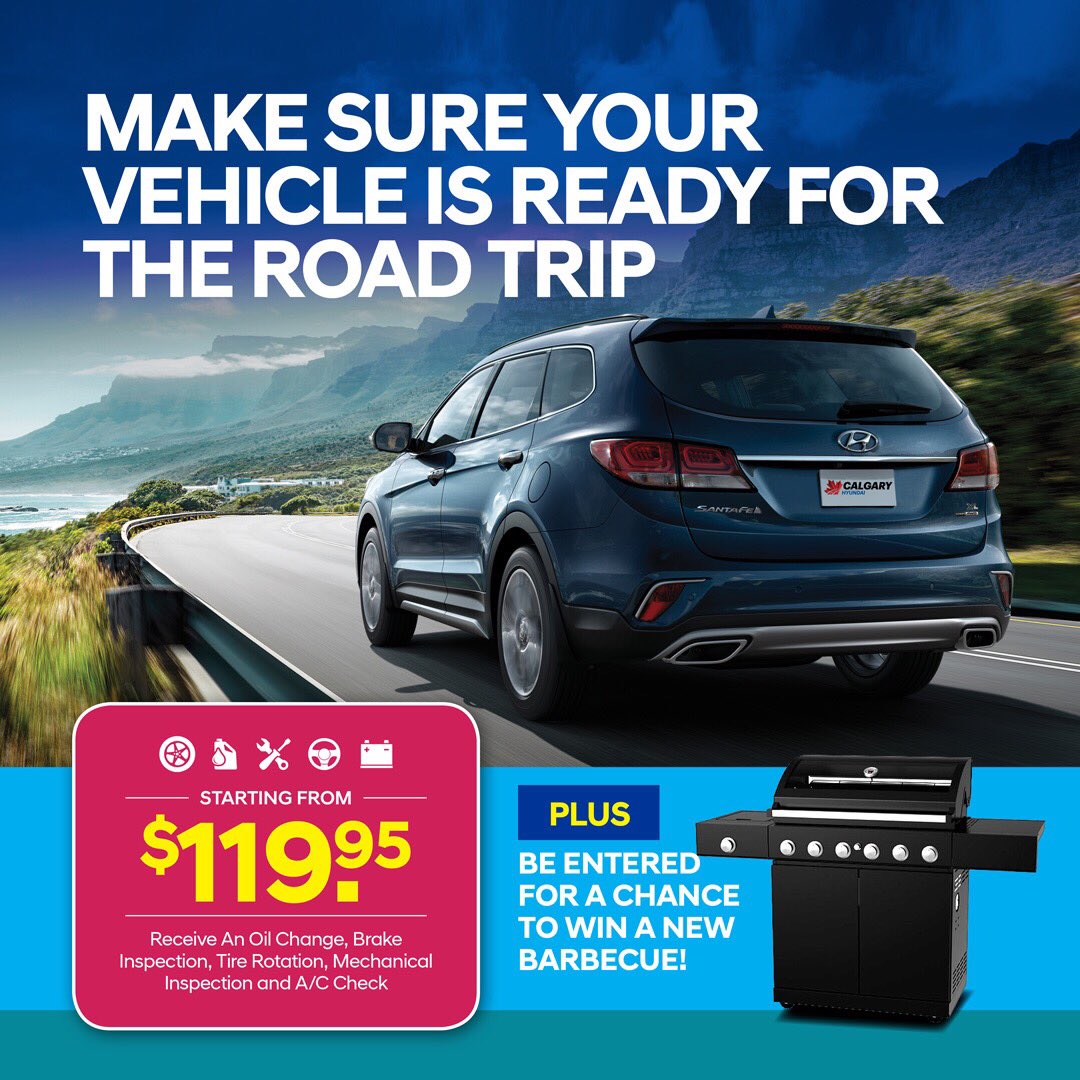Camping on your mind? ⛺️ Get Road Trip Ready with our Service deal of the month.
Plus - be entered to WIN our BBQ giveaway!
————————————
TO BOOK: Call 403-250-9990
or visit CalgaryHyundai.com

#yycdeals #calgarydeals #yyc #calgary