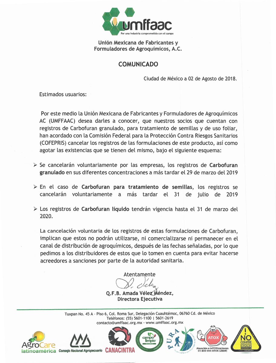 UMFFAAC's tweet image. Todos y cada uno de los socios de la UMFFAAC de manera voluntaria se han comprometido a seguir el plan de retiro del carbofuran y exhortan a los usuarios a seguir las mismas medidas para no ser acreedores de alguna sanción.

#Carbofuran #UMFFAAC #CuidamosElMedioAmbiente
