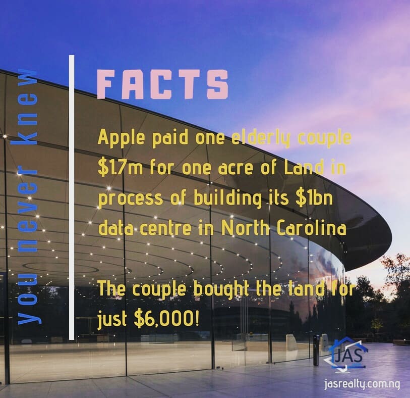 jasrealty_ng's tweet photo. you never knew #FACTS
Apple paid one elderly couple $1.7m for one acre of land in process of building it's $1bn data centre in North Carolina.
Oh yeah they bought it for $6000!
#Apple #RealEstate #JASRealty https://t.co/7oiRDeElfe