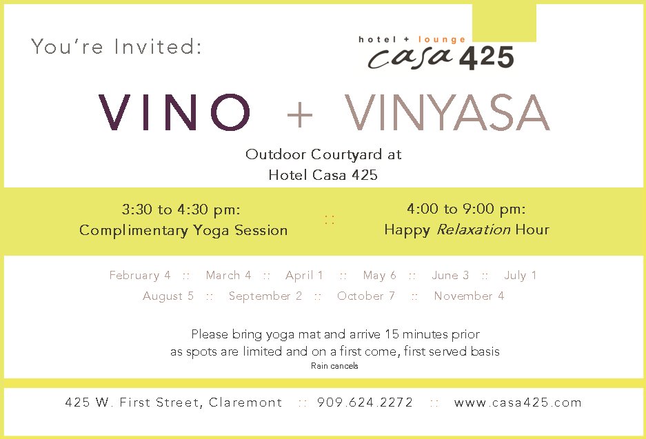 425Casa's tweet photo. Come Join us August 5th at 3:30pm for some free Yoga with @VinoVinyasa #Claremont #FreeEvents #yoga https://t.co/tVN8kprqbC