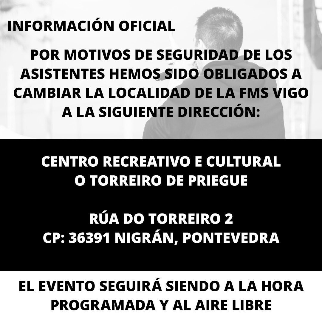 Infogallos's tweet photo. ¡COMUNICADO OFICIAL - FMS VIGO!

La sede de la tercera jornada cambió. El evento se realizará a los mismos horarios en el Centro Recreativo e Cultural O Torreiro de Priegue.

#FMSVigo 🇪🇸 https://t.co/0gyjvLQL6l